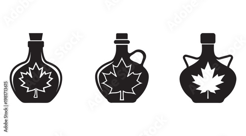 Black silhouettes of jugs with maple leaf designs on white background  Canadian syrup containers