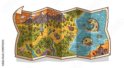 Detailed cartoon fantasy treasure map with a winding path, mountains, forest, castle, ocean, and mythical sea monsters