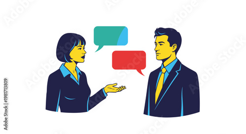 Business People Talking Vector Illustration, Professional Man and Woman Having a Conversation with Empty Speech Bubbles for Communication Concepts