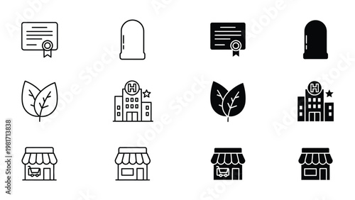 Contrasting icons representing certificates, security, nature, hotels, and shops in black and white