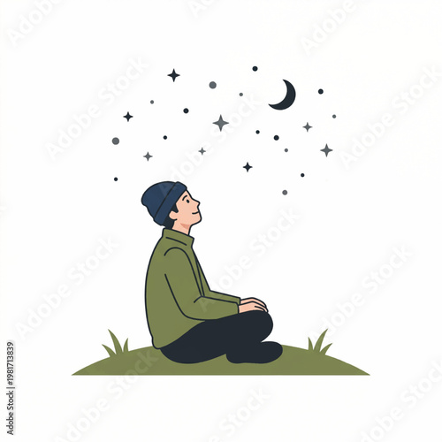 A young man sits cross-legged on a grassy hill gazing up at a starry night sky with a crescent moon flat illustration with a calm and peaceful mood.