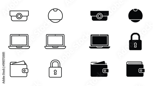 Icons representing security and technology devices in black and white outlines