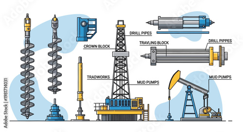 Oil Rig Equipment: Drilling Rig, Pumpjack, Drill Pipes, Mud Pumps, Crown Block