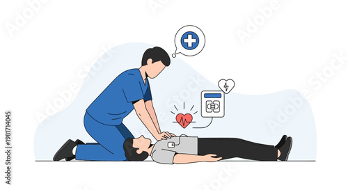 First Aid CPR Training Illustration: Rescuer Performing Chest Compressions on Unconscious Patient