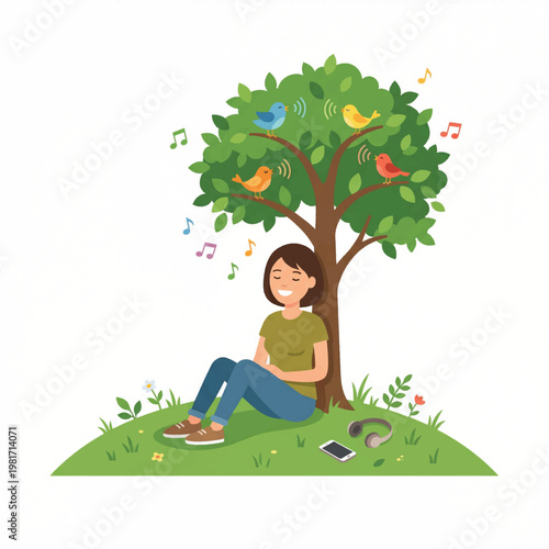 Illustration of a relaxed young woman sitting under a tree with birds, music notes, and headphones nearby in a natural setting.