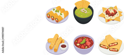 Mexican food set with enchiladas, guacamole, nachos and churros, colorful traditional cuisine vector illustration collection