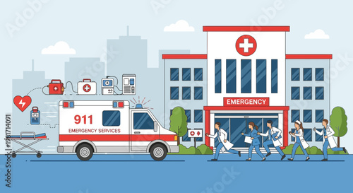 Emergency Medical Services: Ambulance Arrives at Hospital with Responding Medical Staff