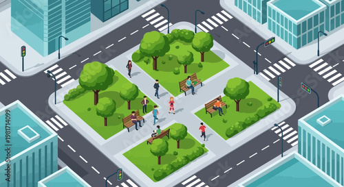 Isometric City Park with People and Buildings, Urban Green Space, Crosswalks