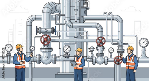 Industrial Workers Inspecting Complex Pipe System with Gauges and Valves