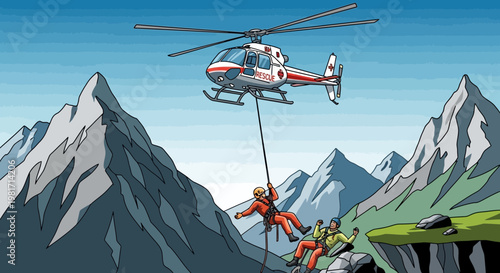 Helicopter rescue operation in mountains, saving people from cliff