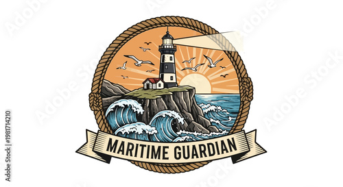 Vintage Nautical Lighthouse Illustration on Coastal Cliff with Ocean Waves, Flying Seagulls, and Sunrise Horizon
