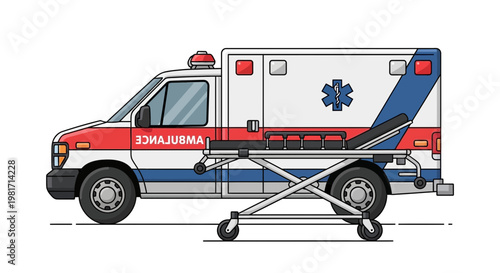 Ambulance vehicle with stretcher, emergency medical services, medical transport, vector illustration