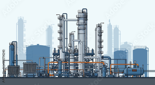 Industrial Refinery Complex, Oil Gas Petrochemical Plant Landscape, Factory Infrastructure