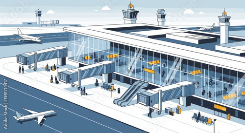 Modern airport terminal with jet bridges, airplanes, and passengers, travel hub illustration
