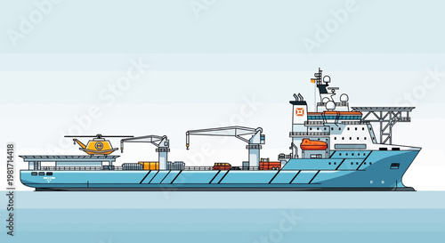 Offshore construction vessel with helicopter and cranes, illustration