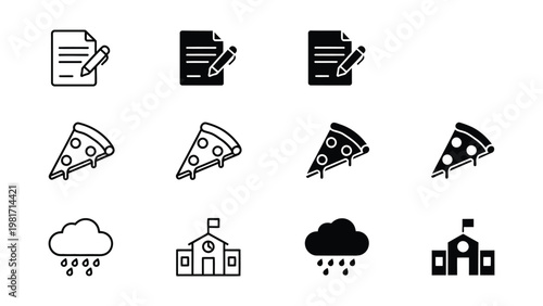 Collection of icons depicting documents, pizza slices, weather, and buildings
