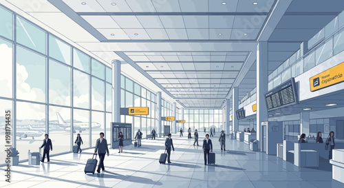 Modern Airport Terminal Interior with Travelers and Large Windows