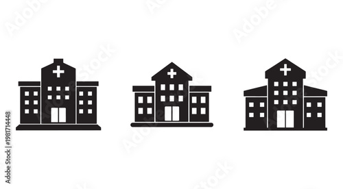 Blackandwhite hospital building icons with cross on roof  medical facility symbols  healthcare architecture    simple illustrations of clinics