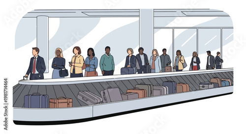 Diverse travelers collecting luggage on airport baggage carousel, travel concept