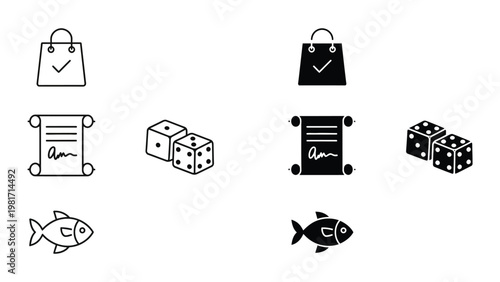 Contrast of filled and unfilled icons representing shopping, contracts, dice, and fish
