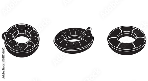 Blackandwhite illustration of three donutshaped inflatable rafts for swimming and floating on water  recreational and leisure items