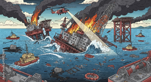 Oil Rig Disaster: Burning Platforms, Helicopter Rescue, and Tugboats Amidst Ocean Chaos