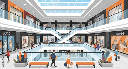 Modern Shopping Mall Interior with Escalators, Shops, and Shoppers - Bright and Spacious