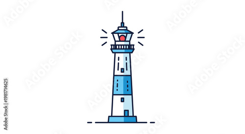 Navigational Lighthouse Beacon Tower with Light Beams on White Background
