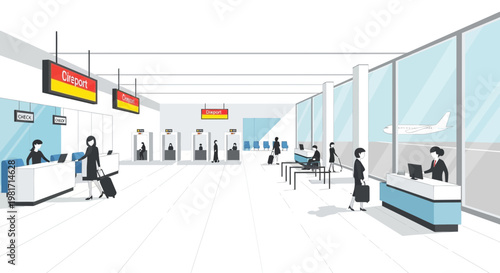 Modern Airport Terminal Interior with Check-in Counters and Travelers