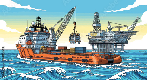 Offshore Oil Platform Construction: Supply Ship Transfers Cargo to Rig