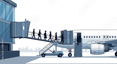 Passengers Boarding Airplane via Jet Bridge at Airport Terminal