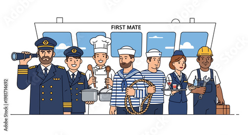 Diverse Maritime Crew on Ship Bridge, Professional Seafaring Team