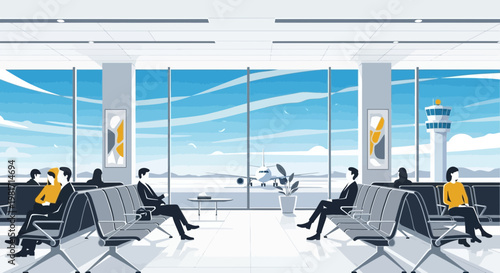 People waiting in modern airport lounge with large windows overlooking runway and airplane