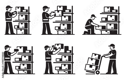 Warehouse Worker Loading Boxes Storage and Inventory Management Vector Icon Set
