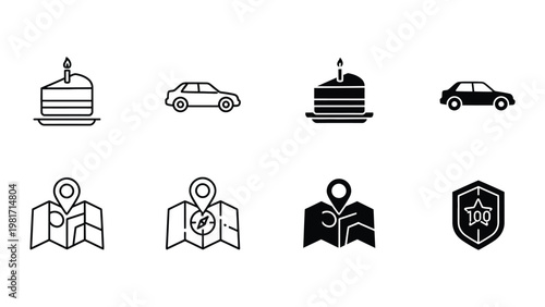 Collection of milestone and travel-themed icons with cars and cakes