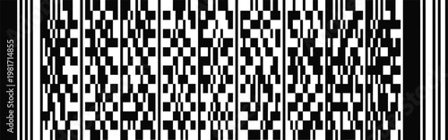 Barcode pattern displays alternating black and white vertical strips and geometric pixel blocks.