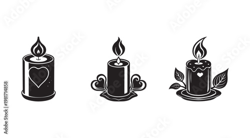 Blackandwhite illustrations of candles with hearts and leaves on plates  decorative objects