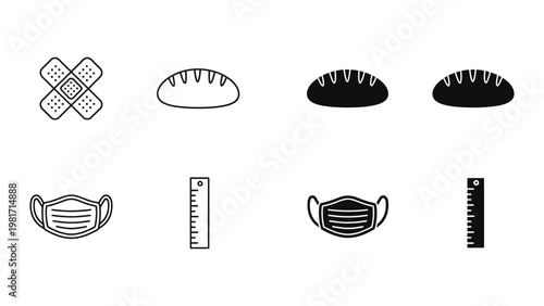 Illustrations of medical supplies and baked goods with contrasting visual elements