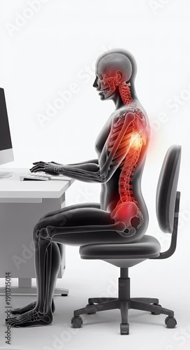Human body depiction highlighting pain areas while sitting at desk