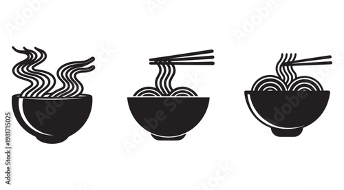 Blackandwhite illustrations of steaming bowls of noodles with chopsticks and steam rising  food icons