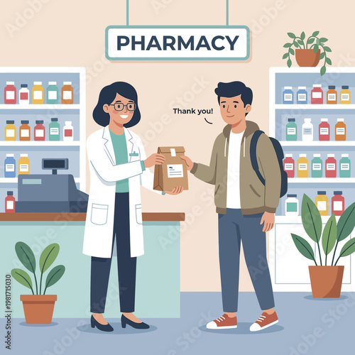 A friendly pharmacist handing medication to a young male customer in a pharmacy.