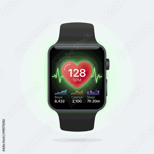 Black digital smartwatch with health tracking interface.