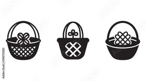 Blackandwhite illustrations of three different wicker baskets with handles and flowers on transparent background for easter or shopping concepts