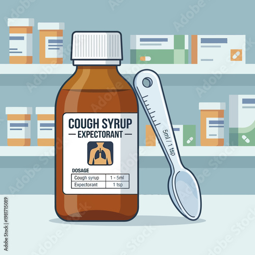 Bottle of cough syrup expectorant medication with a measuring spoon.