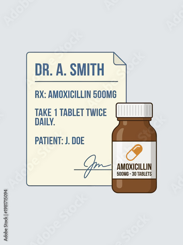 Brown bottle of Amoxicillin antibiotic pills.