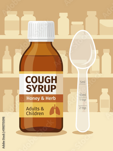 Brown glass bottle of honey and herb cough syrup with a measuring spoon.