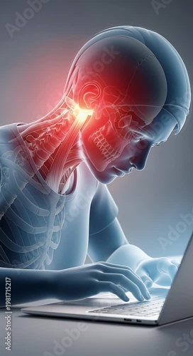 Medical illustration of neck pain while using laptop