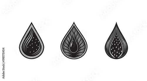 Blackandwhiteillustrationofthreedifferentteardropshapeswithvariouspatternsandtexturesinsideeachdrop