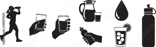 healthy lifestyle water drink silhouette set black