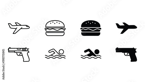 Contrasting icons of travel, food, leisure, and safety in minimalist black and white